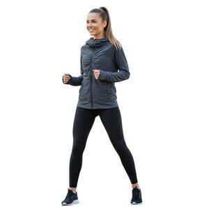 Prana Gray Space Dye Full Zip Ruched High Neck Hooded Jacket Pockets Size L